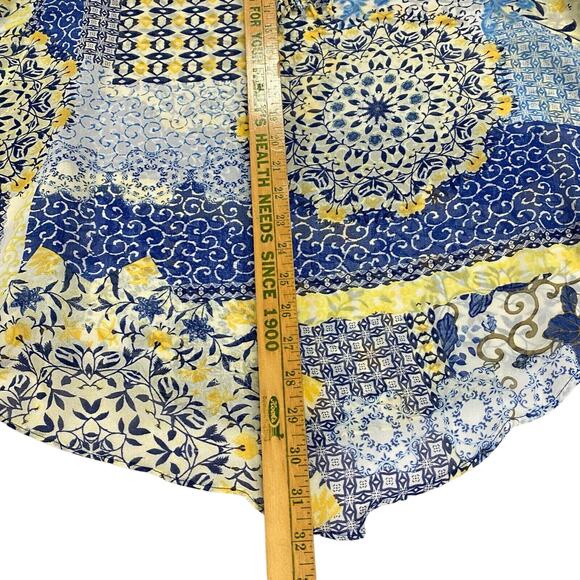 One World Live and Let Live Blouse Plus Sz 3X Blue Yellow Sheer 3/4 Sleeve Boho - Picture 3 of 12